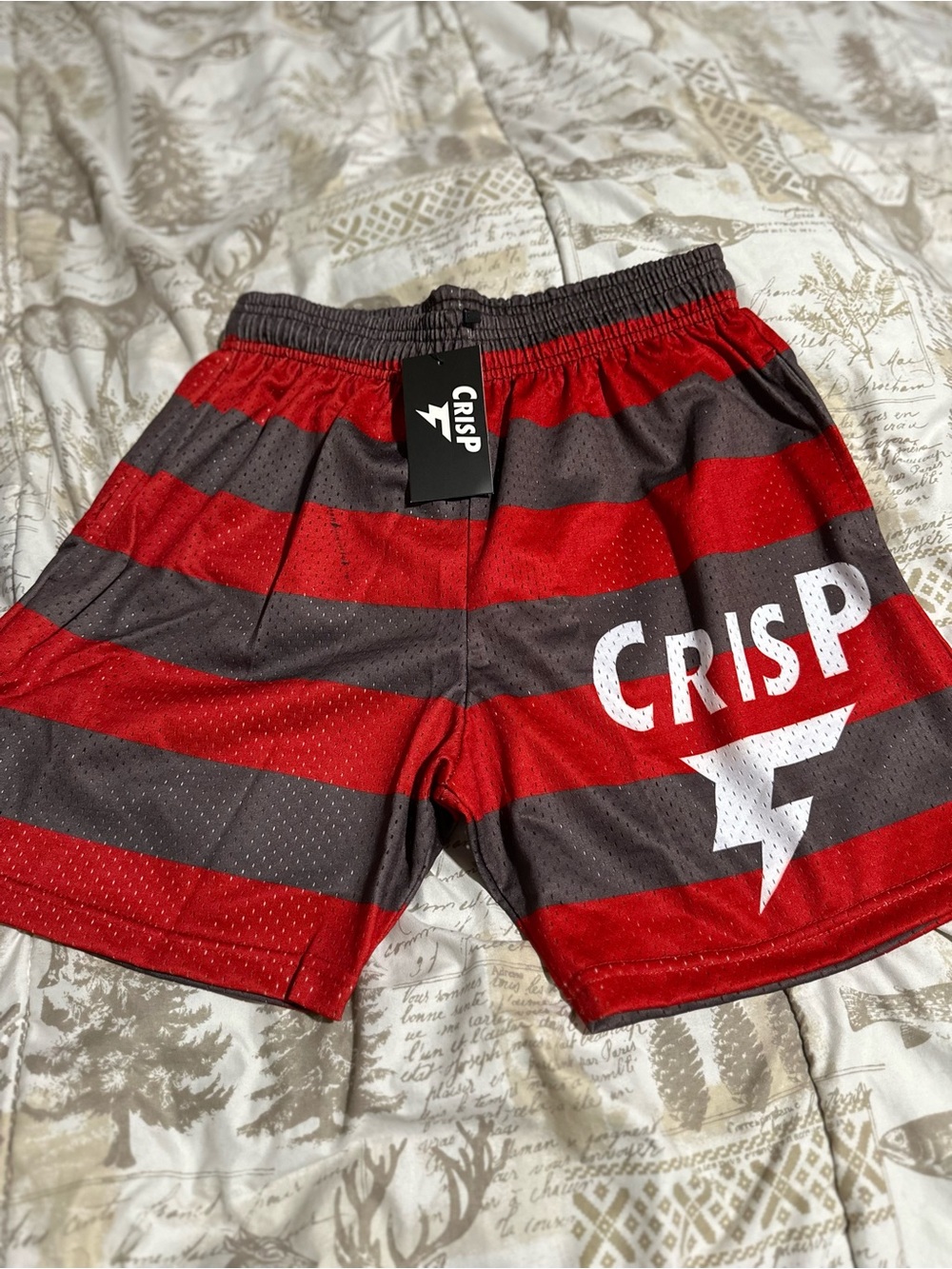 Crispy Unisex Red and Gray Striped Athletic Mesh Shorts